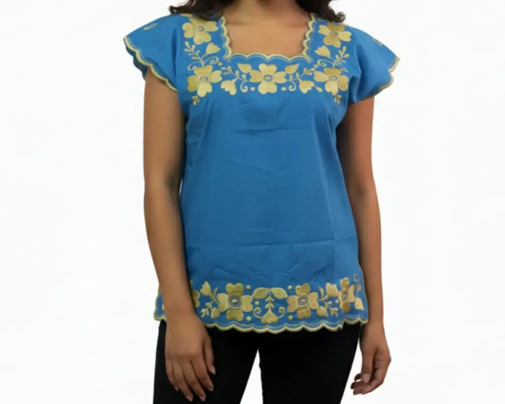 [BLS-PAO-M1-32] Blusa Tipo Hipil Yucateco color Azul Cielo con bordados amarillos (32)