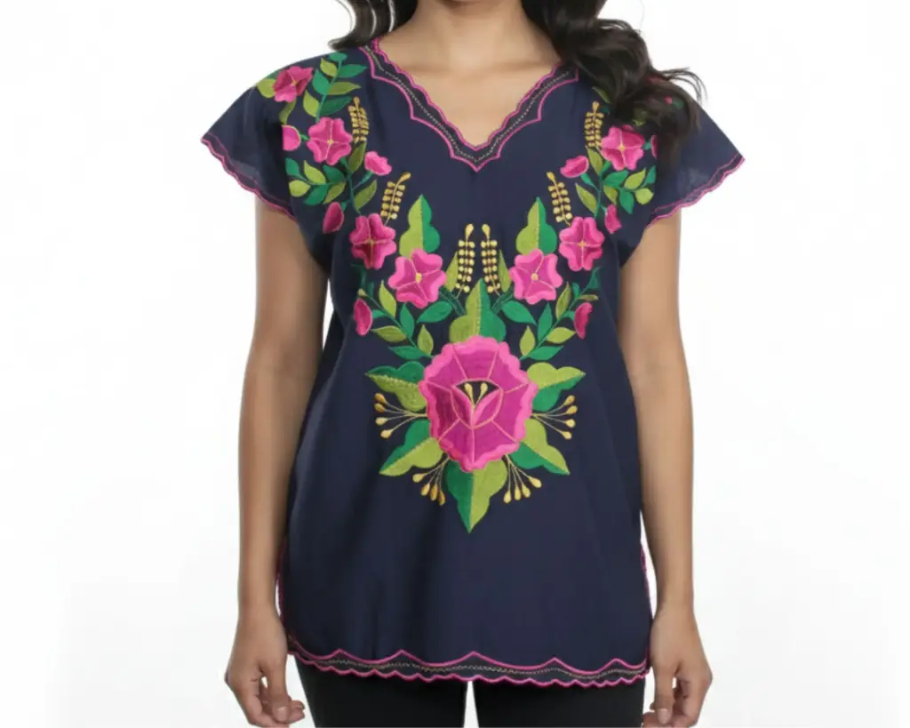 [BLS-JIM-M1-28] Blusa Tipo Hipil Yucateco color Azul Pavo con bordados de flores rosas y hojas verdes (28)