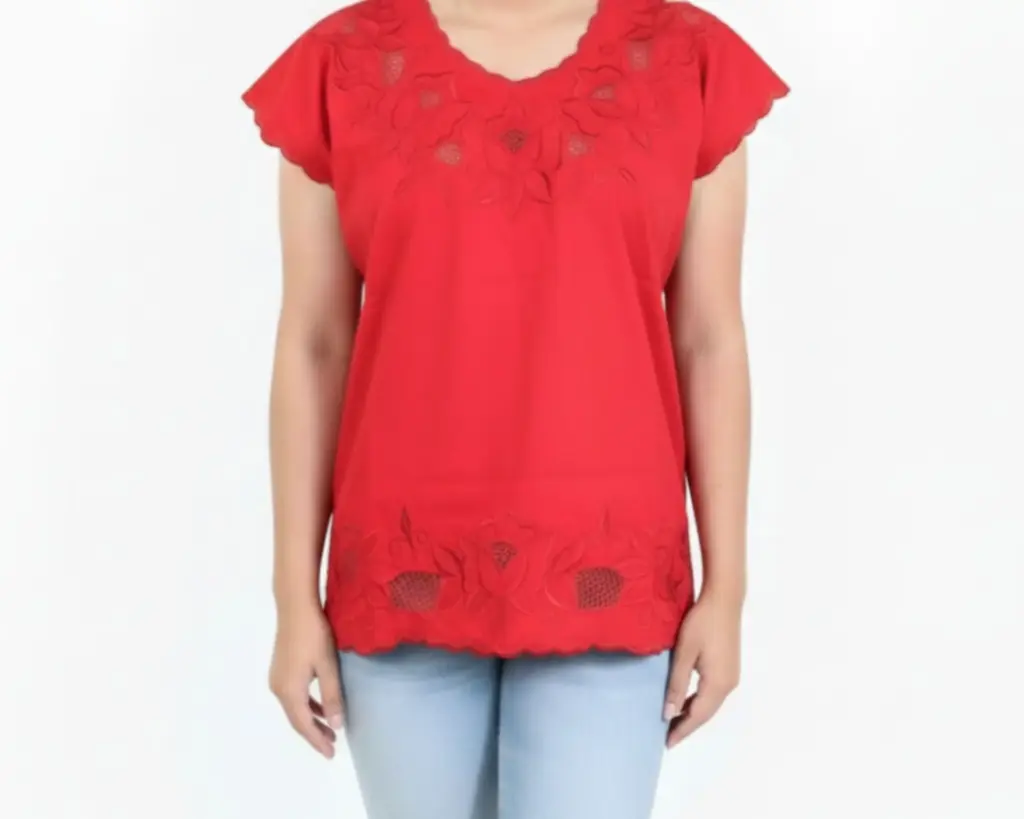 [BLS-ROS-M1-28] Blusa Tipo Hipil Yucateca color Rojo calada (28)