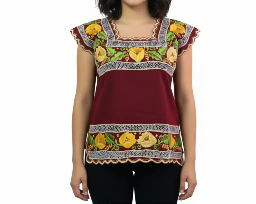 Blusa Tipo Hipil Yucateca Rojo vino calada Estilizada, con flores amarillas bordadas