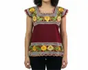Blusa Tipo Hipil Yucateca Rojo vino calada Estilizada, con flores amarillas bordadas