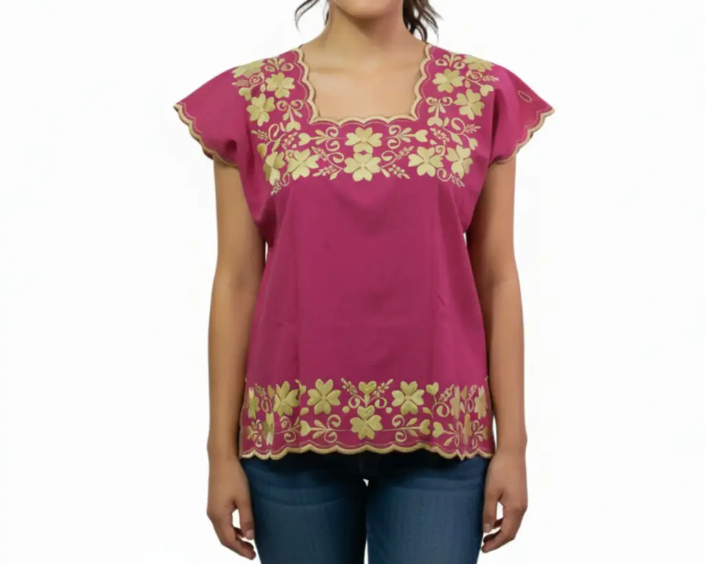 [BLS-LIS-M1-32] Blusa Tipo Hipil Yucateca color  Rosa Mexicano con bordados de flores  amarillas (32)