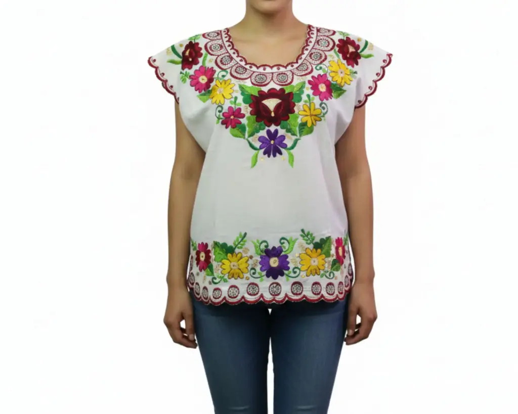 [BLS-MAR-M1-32] Blusa Blanca tipo hipil yucateca con Bordado de Colores (32)