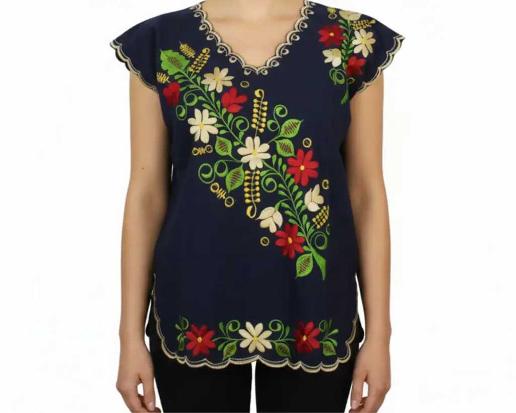 Blusa hipil yucateca en azul marino con bordados en diagonal de flores