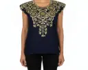 Blusa azul marino con amarillo bordado de flores dorado
