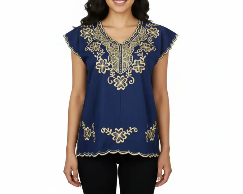Blusa azul marino con bordado de flores doradas
