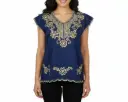 Blusa azul marino con bordado de flores doradas