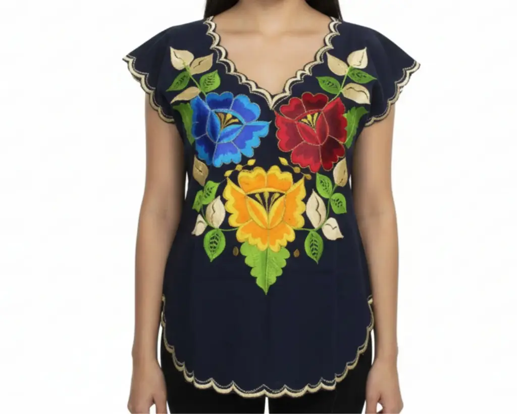 Blusa bordada azul marino con bordado flores grandes