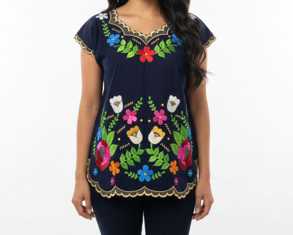 Blusa hipil azul marino con bordado multicolor 