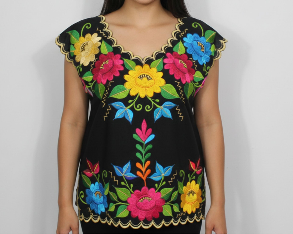 [BLS-OUTLET-M13-32] Blusa tipo hipil color negro con bordados multicolor 