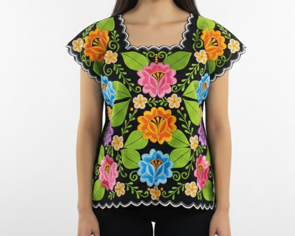 Blusa color negro con bordados multicolor 