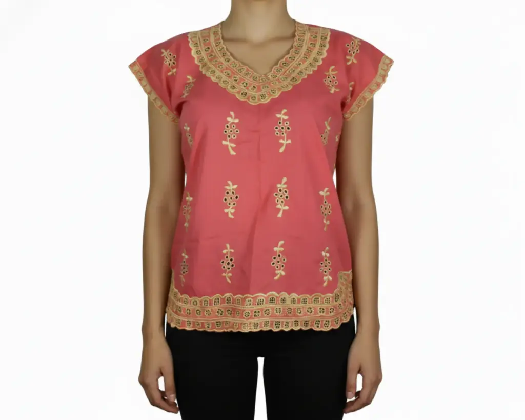 [BLS-LOL-M1-28] Blusa Tipo Hipil Yucateco color salmón con bordados amarillos (28)