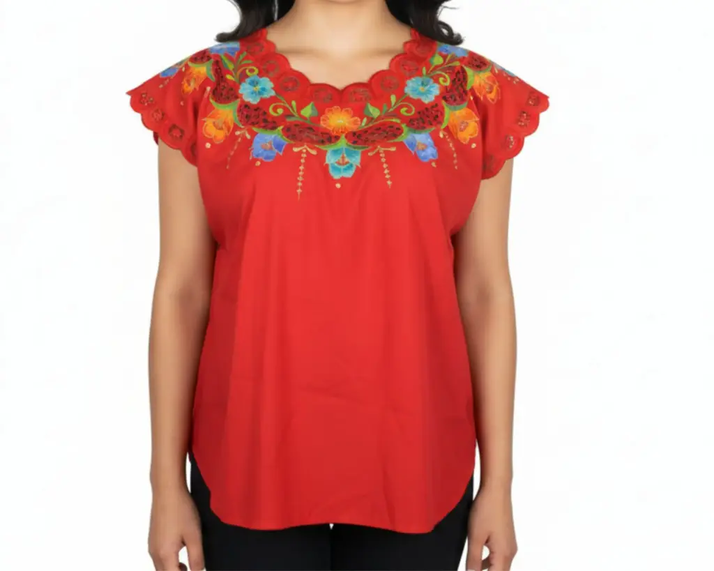 [BLS-VAL-M19] Blusa tipo hipil yucateca roja con bordados multicolores en variedad de flores