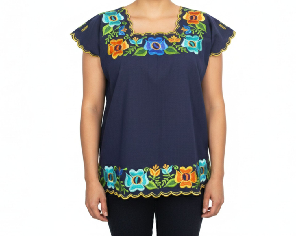 Blusa azul con bordado de flores - Modelo 1 