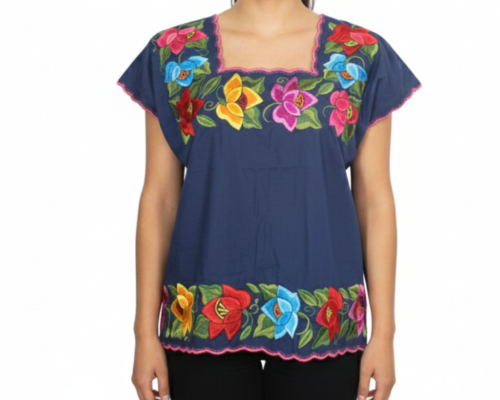 Blusa azul con bordado de flores - Modelo 6