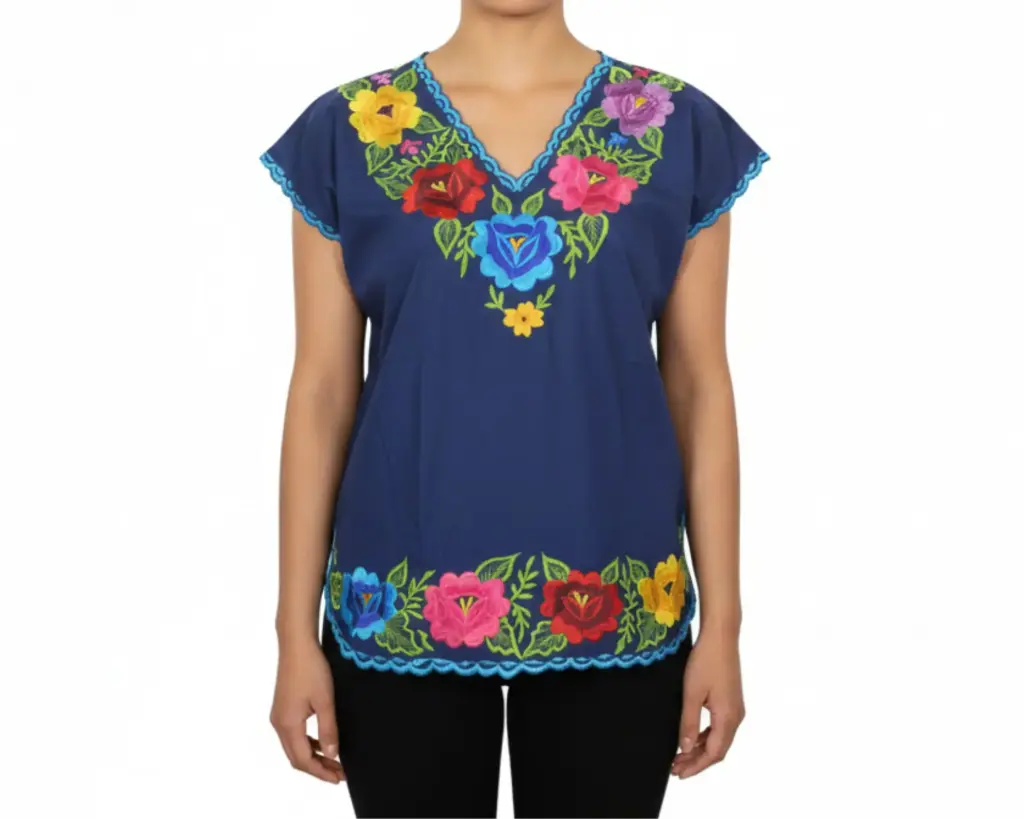 Blusa hipil azul marino bordes azules -Modelo 1