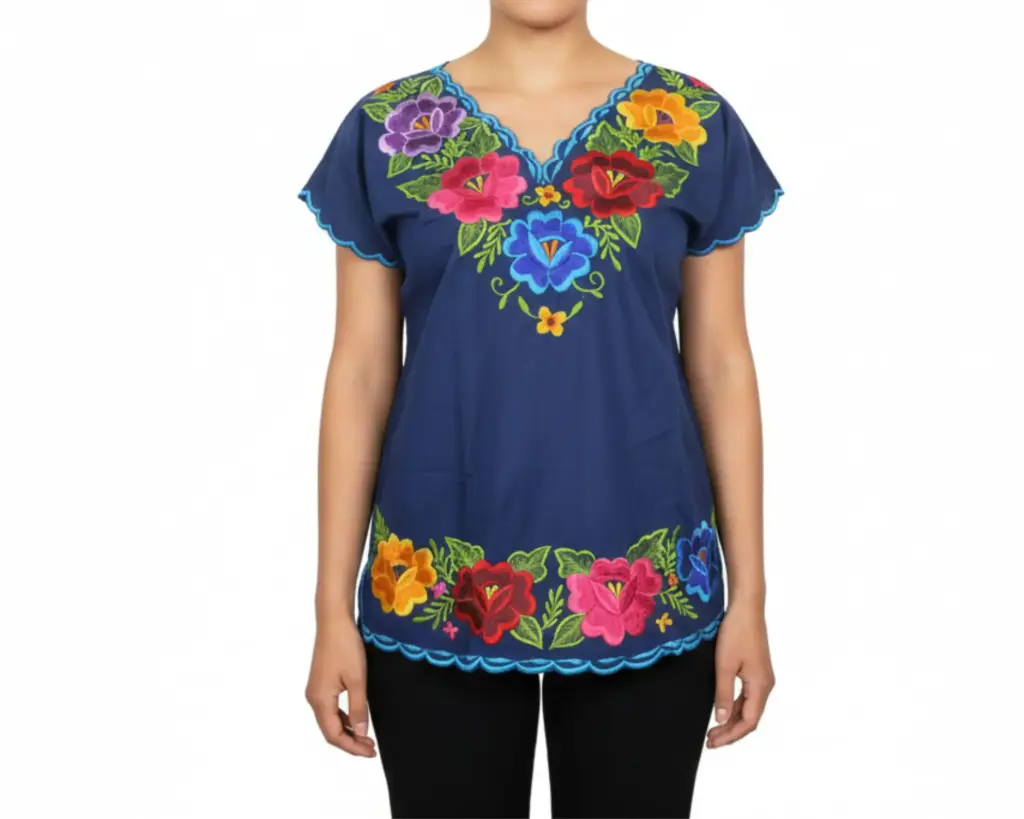 Blusa hipil azul marino bordes azules- Modelo 2