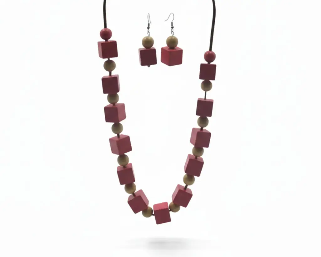 Juego collar y aretes de madera cuadrados