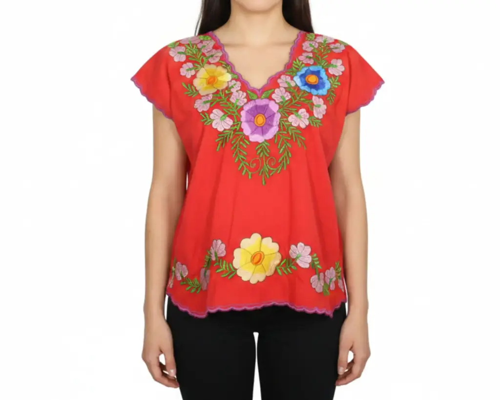 Blusa hipil rojo bordadas de flores - Modelo 3