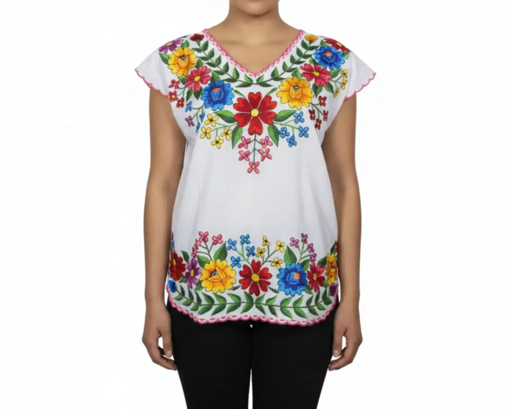 Blusa hipil blanca bordes rosados- Modelo 4