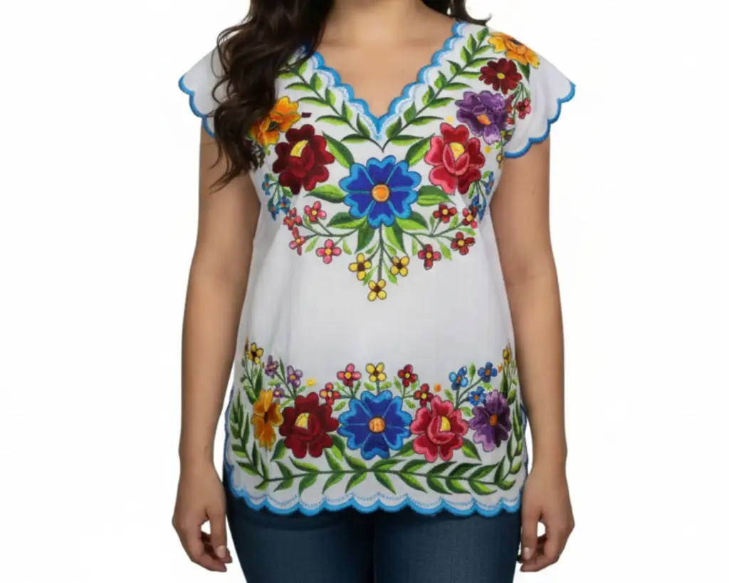 Blusa hipil blanca bordes azules -Modelo 5