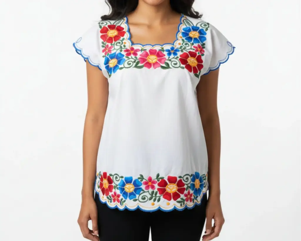 [BLS-MAY-M2-32] Blusa blanca con bordado de flores y orilla azul - Modelo 2 