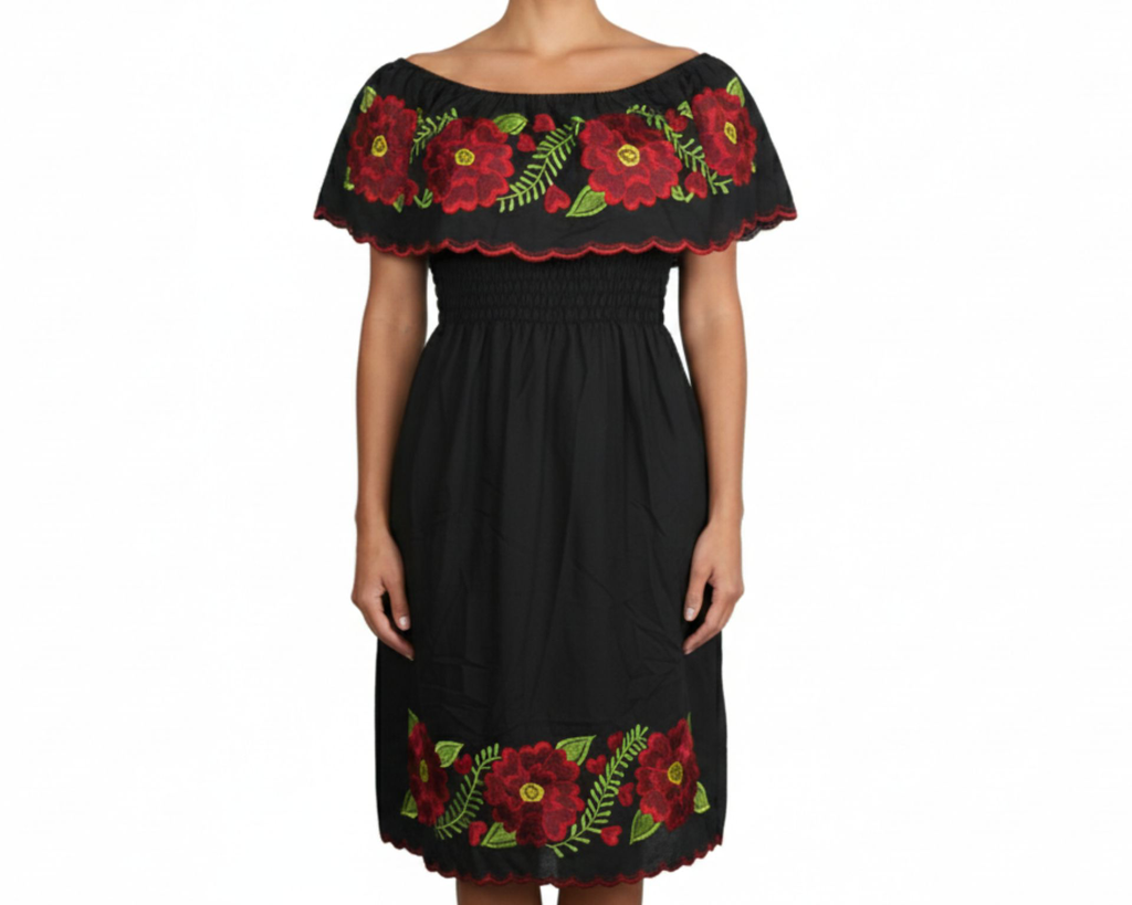 Vestido negro con flores rojas, verdes y moradas - Modelo 3