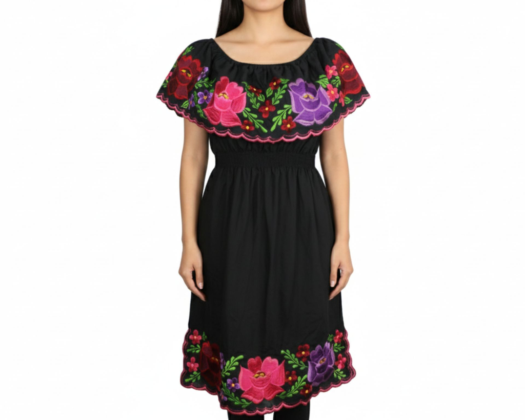 [VES-MIC-M8] Vestido negro con flores rojas, rosas y moradas - Modelo 8