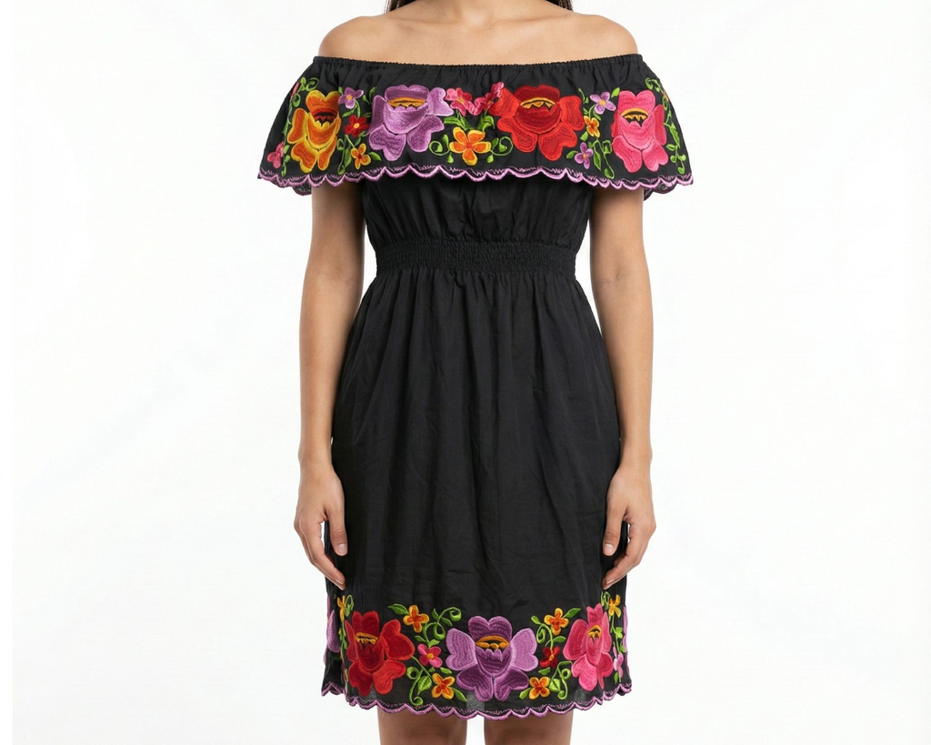 Vestido negro con flores amarillas, rojos y rosas - Modelo 15