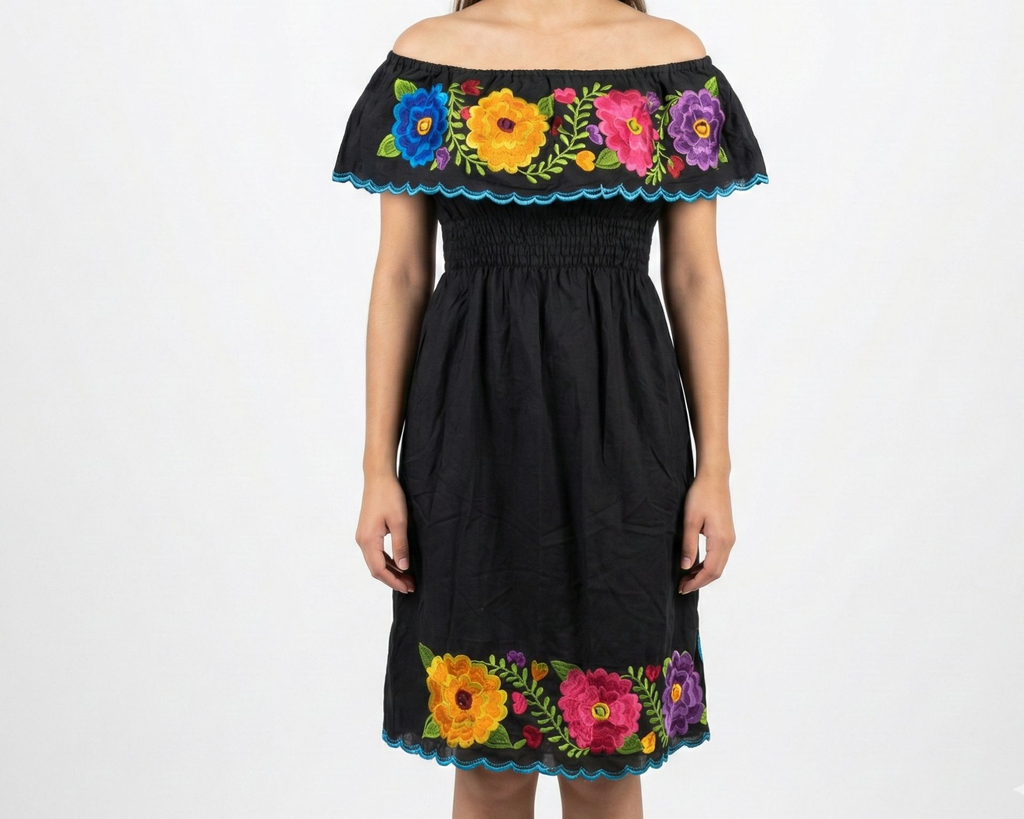 Vestido negro con flores amarillas, rosas y moradas - Modelo 17