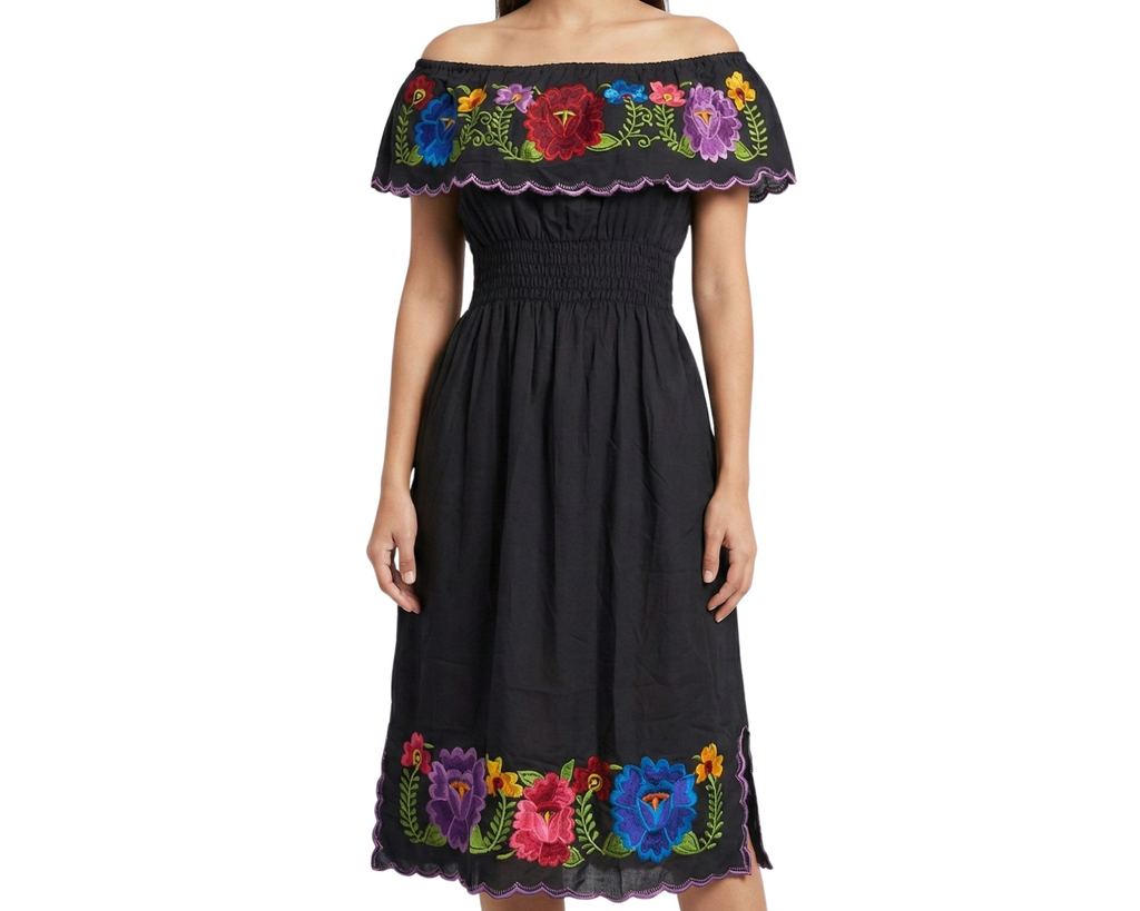 Vestido negro con flores rojas, moradas y azules - Modelo 19