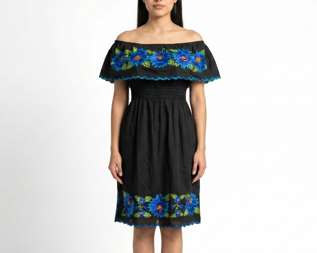Vestido negro con flores puntiagudas azules - Modelo 27