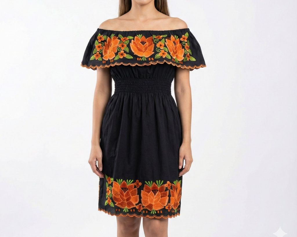 Vestido negro con flores naranjas - Modelo 28