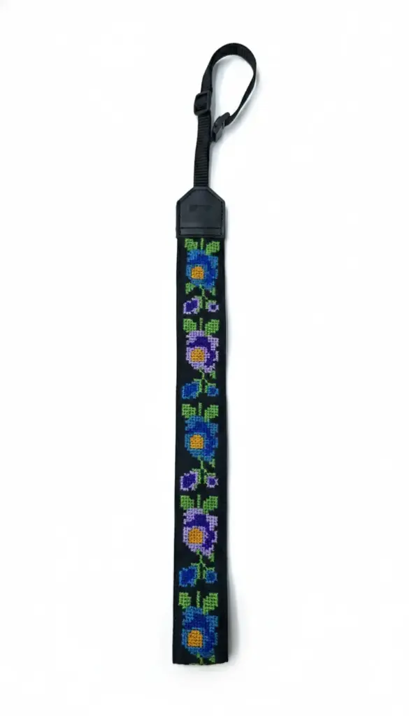 [ART-ZABY-M2] CORREA CON PUNTO DE CRUZ COLOR NEGRO BORDADO FLOR VIOLETA 