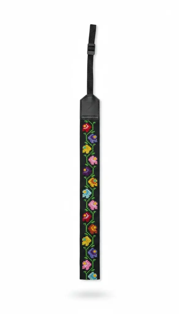 [ART-ZABY-M6] CORREA CON PUNTO DE CRUZ COLOR NEGRO BORDADO FLORES MULTICOLOR(ROSADO,AMARILLO,AZUL)