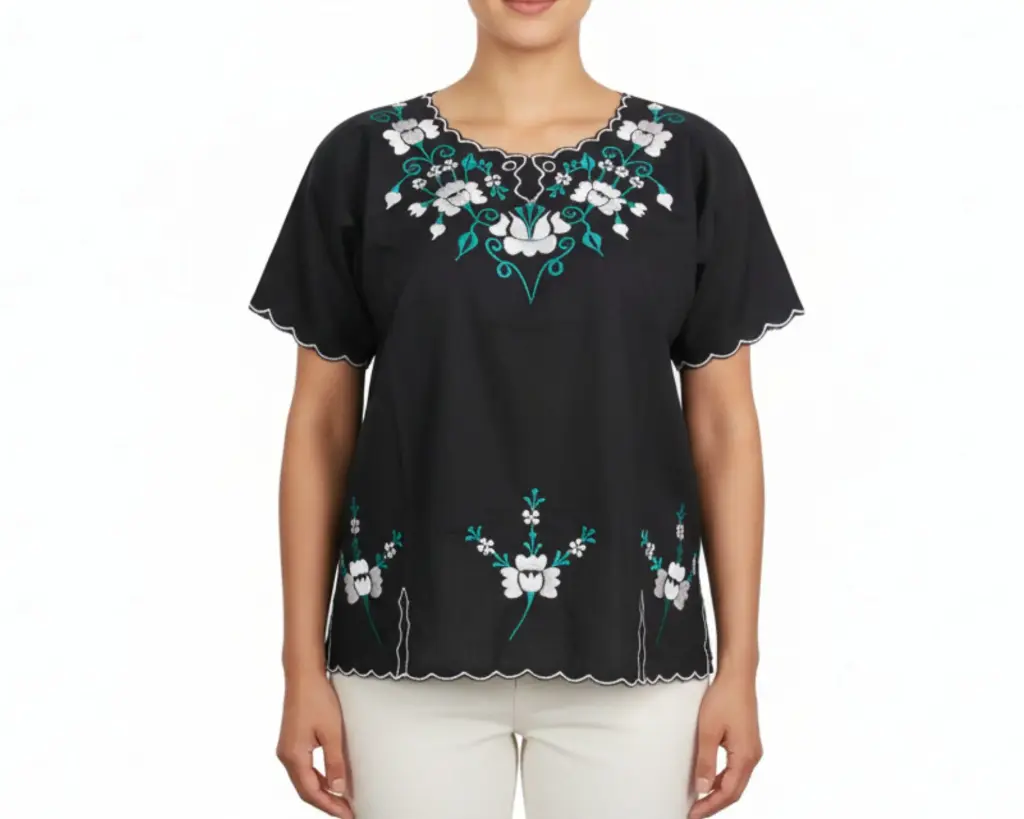 [BLS-MAI-M8-32] Blusa tipo hipil yucateca en color negra con bordados de flores verde y rosas - Modelo 8 