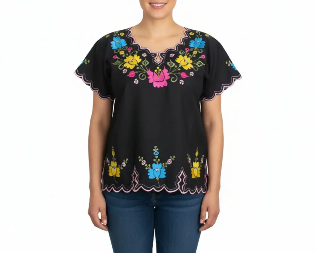 [BLS-MAI-M2-32] Blusa tipo hipil yucateca en color negra con bordados de flores multicolores - Modelo 2 