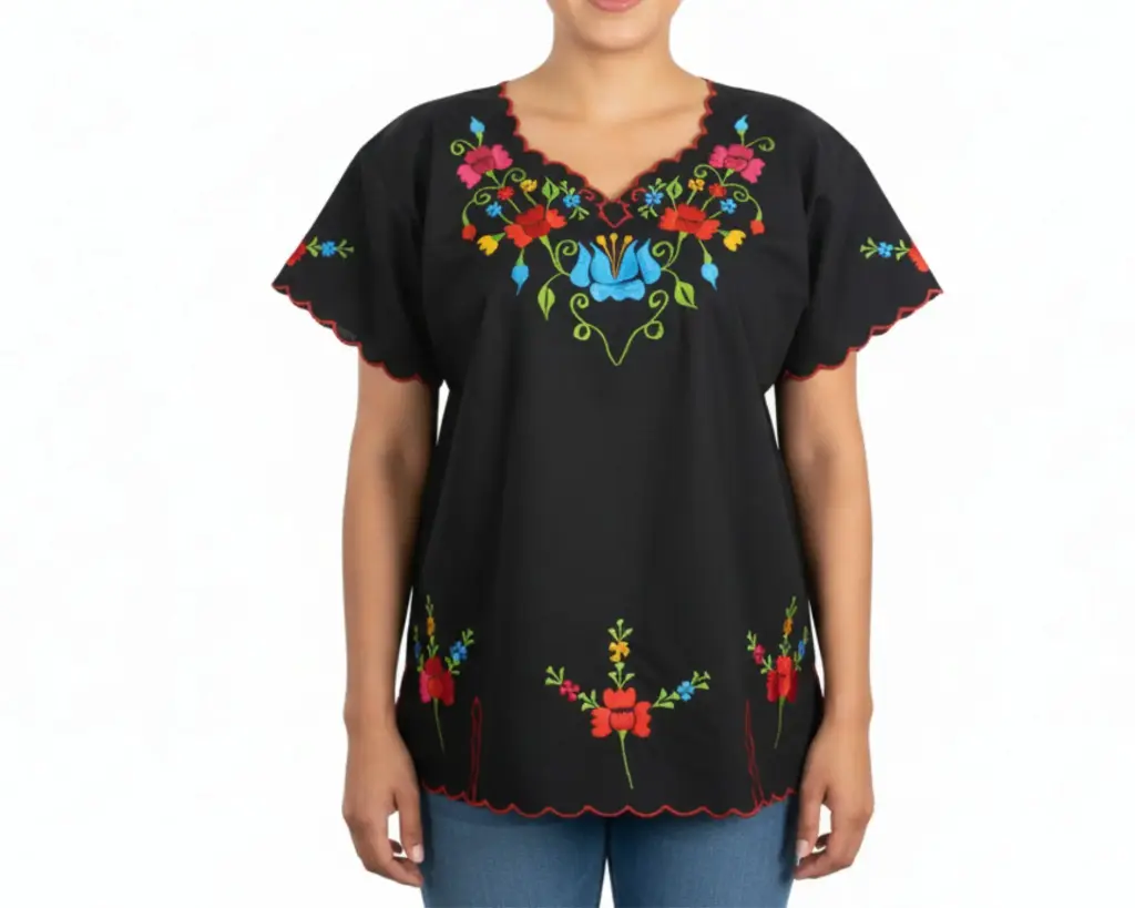 [BLS-MAI-M3-40] Blusa tipo hipil yucateca en color negra con bordados de flores multicolores - Modelo 3