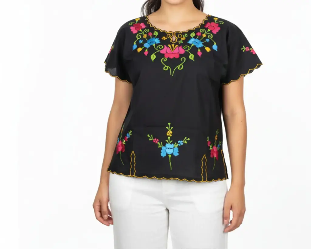 [BLS-MAI-M9-32] Blusa tipo hipil yucateca en color negra con bordados de flores multicolores - Modelo 9 