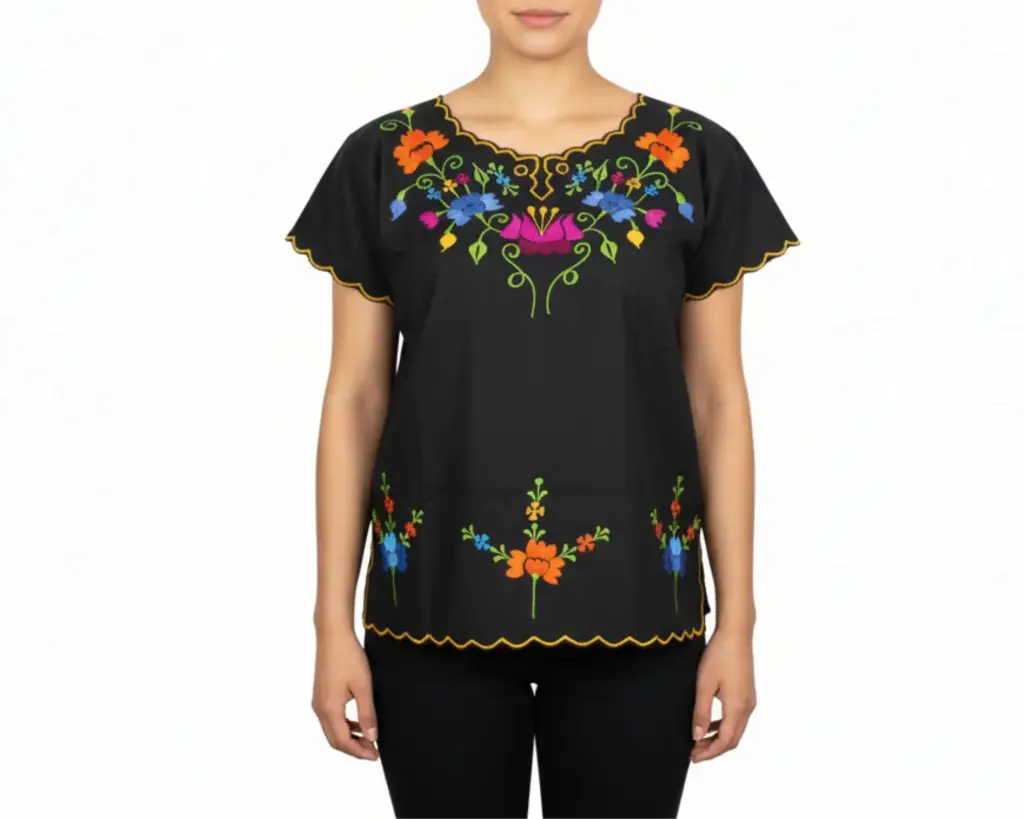 [BLS-MAI-M10-32] Blusa tipo hipil yucateca en color negra con bordados de flores naranja, morado y azul - Modelo 10