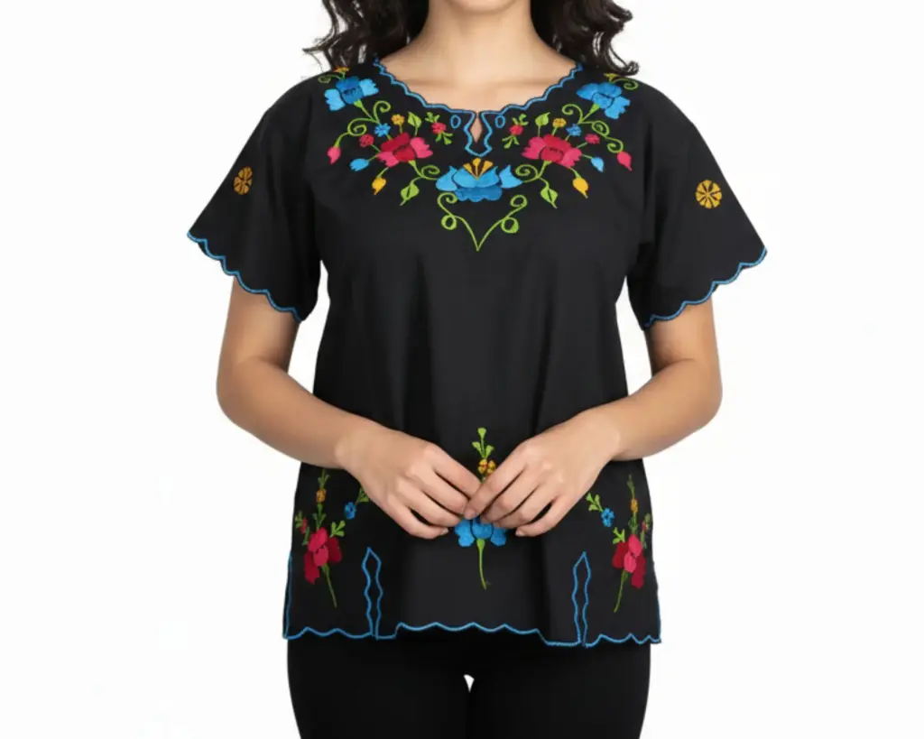 [BLS-MAI-M4-32] Blusa tipo hipil yucateca en color negra con bordados de flores multicolores - Modelo 4