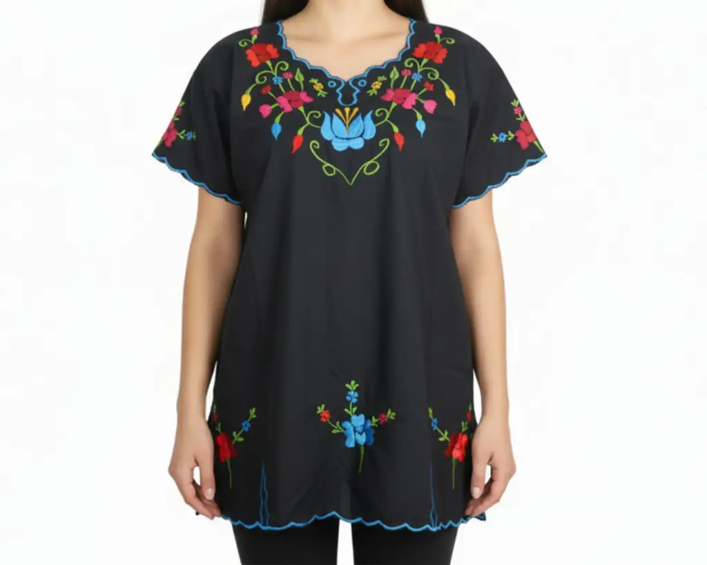 [BLS-MAI-M5-44] Blusa tipo hipil yucateca en color negra con bordados de flores multicolores - Modelo 5