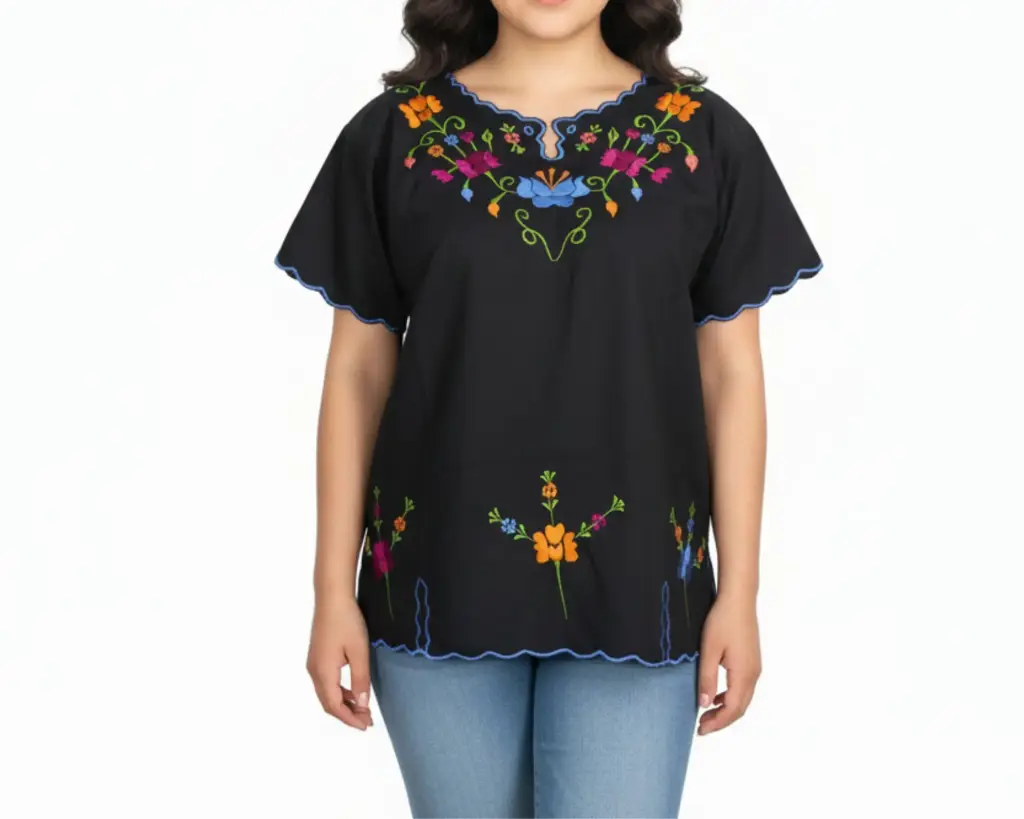 [BLS-MAI-M6-38] Blusa tipo hipil yucateca en color negra con bordados de flores multicolores- Modelo 6