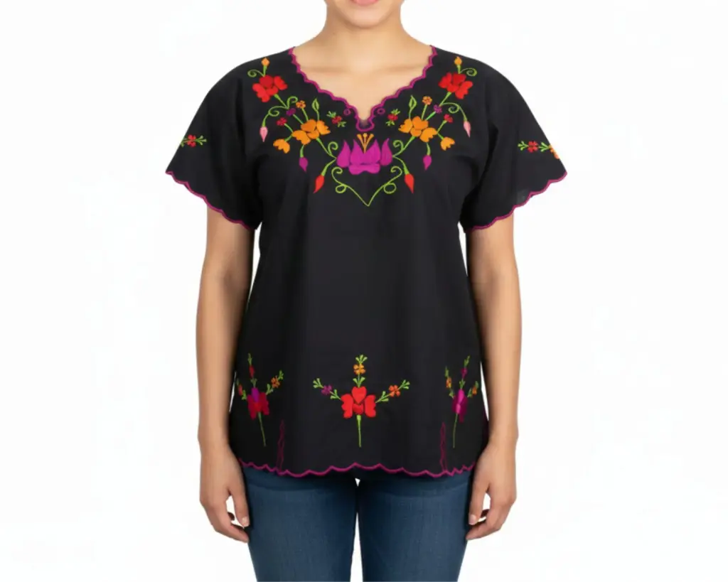 [BLS-MAI-M14-40] Blusa tipo hipil yucateca en color negra con bordados de flores multicolores - Modelo 14