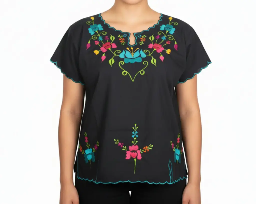 [BLS-MAI-M15-32] Blusa tipo hipil yucateca en color negra con bordados de flores multicolores - Modelo 15