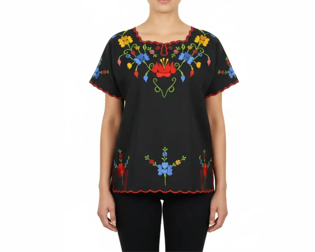 [BLS-MAI-M13-30] Blusa tipo hipil yucateca en color negra con bordados de flores multicolores - Modelo 13 