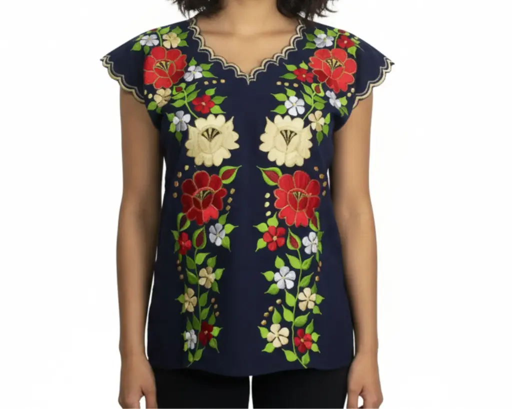 Blusa azul marino con bordado de flores