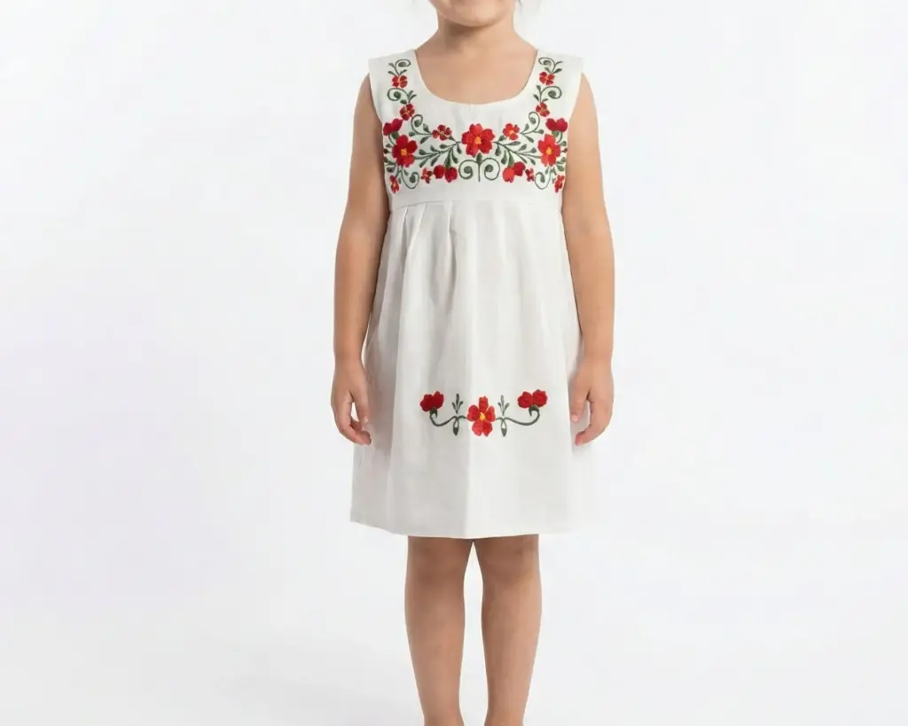 Vestido infantil color beige con flores rojo 