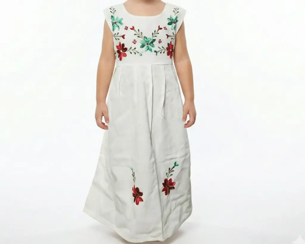 Vestido infantil color beige con flores verdes y rojos