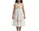 Vestido infantil color beige con flores color naranja y amarillo